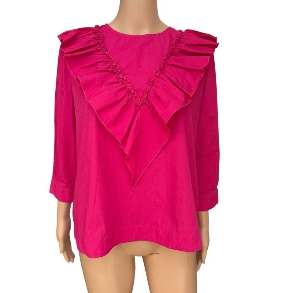Anthropologie Women's Guest Editor Ruffled Top blouse hot pink 100% cotton sz M